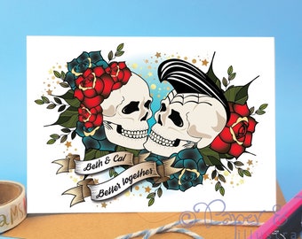 Rockabilly Skull Wedding Card, Alternative Couple Engagement