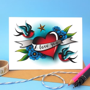 i love you Karte, Valentinskarte, Liebe Geburtstagskarte, Schwalbe und Herzen, Tattoo Kunst, Tattoo Blumen, Tätowierer Geschenk, Geburtstagsgeschenk