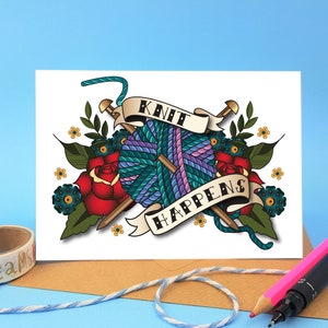 funny card for knitter, knit happens, knitting sayings, nice birthday card for a knitter, crafter birthday card, wool crafts card