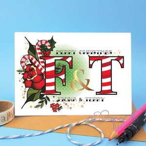 personalised couple christmas card, personalised couple initial, couple holiday card, card for friends, candycane card