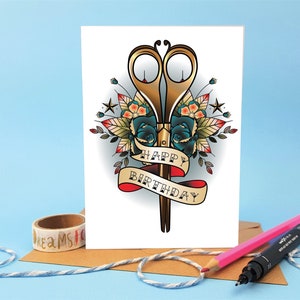 tarjeta de amigo astuto, tarjeta de cumpleaños para costurera o modista, tarjeta de artesano, tarjeta con imágenes de costura, tijeras antiguas