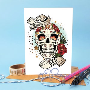 tattoo flash, skull and rose, fathers day card, tattoo lover, tattooed dad, sugar skull, dad card, happy fathers day