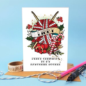 Divertente cartolina natalizia all'uncinetto, hobbista all'uncinetto, divertente carta spilla, gioco di parole all'uncinetto, la mia prostituta preferita, regalo per un amico, cartolina di Natale dell'amico