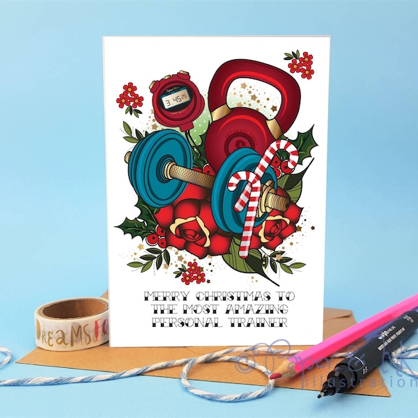 Sporty Christmas card, personal trainer card, sports Christmas card, gym Christmas card, gym user card, exercise themed Christmas card