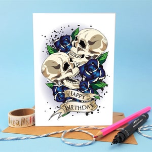 skull birthday card, unusual birthday card, skulls and roses, birthday card, blue rose, arty card, gothic birthday, goth birthday