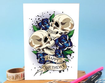 skull birthday card, unusual birthday card, skulls and roses, birthday card, blue rose, arty card, gothic birthday, goth birthday