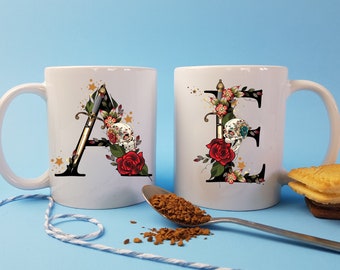 Personalized Skull Initial Coffee Mug Set, Gothic Couple Gift