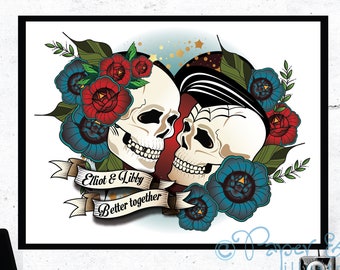 better together, couple wedding gift, engagement gift, skull and rose, tattoo art, cool couple, alternative couple, alternative wedding