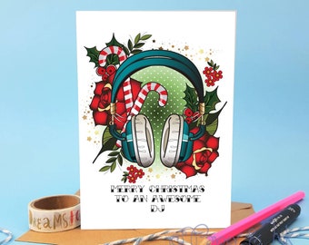 DJ Christmas Card, Music Lover, Handmade Greeting Card