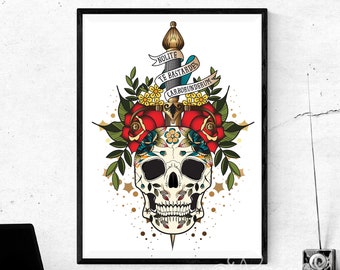 Stampa artistica di un teschio femminista, Nolite Te Bastardes Carborundorum, stile tatuaggio (SENZA CORNICE)