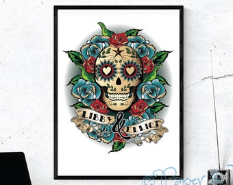 Sugar Skull Art Print: Tattoo Style, Roses Decor