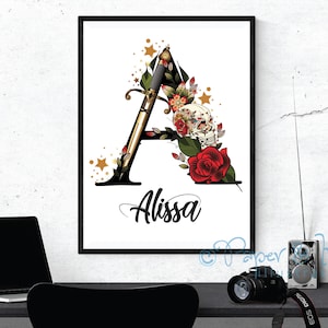 Lámina de arte gótico personalizada con nombre para decoración alternativa del hogar, idea de regalo de cumpleaños o Navidad, inicial del nombre gótico, calavera y rosas