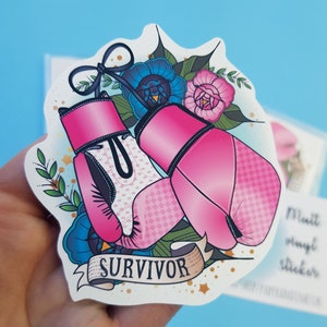 Pegatina de superviviente, guantes de boxeo rosas, pegatina de luchador, calcomanía para computadora portátil, paquete de pegatinas, kickboxing, mujer fuerte, pegatina feminista