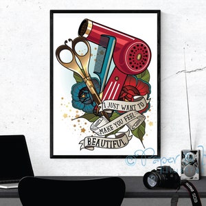 personalised hairdresser gift wall art for salon with hairdryer and equipment new studio present newly qualified stylist