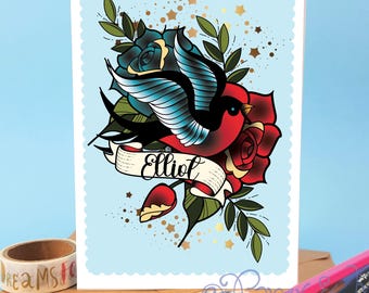 Personalized Swallow Rose Card, Birthday or Valentine's Day
