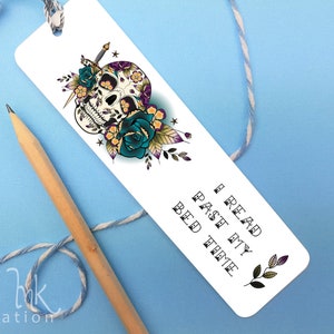skull print glossy metal bookmark gift for a friend who likes tattoo style artwork birthday or christmas present