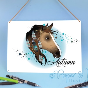 Plaque de porte en métal personnalisée cadeau cheval avec chevaux et nom pour la porte de la chambre de votre fils ou de votre fille