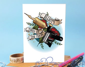 carte personnalisée, tatoueur, carte d'anniversaire, tatouage pistolet, art du tatouage, carte d'artiste, carte de tatouage, cadeau tatouage, carte d'anniversaire tatouage