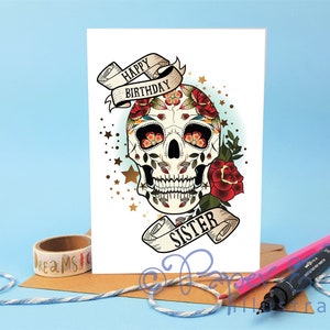 flash de tatuaje, calavera y rosa, tarjeta de cumpleaños de hermana, amante de los tatuajes, hermana tatuada, calavera de azúcar, tarjeta de hermana, feliz cumpleaños hermana