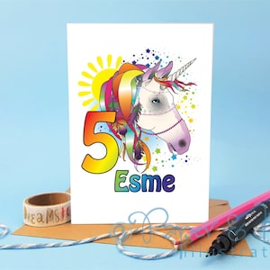 5 Jahre Geburtstagskarte, 5 Jahre alte Karte, fünfte Geburtstagskarte, Karte mit Einhorn, Einhorn Print Karte, Karte für kleine Mädchen, Karte mit Einhorn