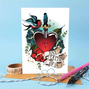 amante del tatuaggio, biglietto d'auguri, biglietto di San Valentino, pugnale tatuaggio, biglietto fidanzato, biglietto fidanzata, coppia tatuata, pugnale e cuore, arte del tatuaggio