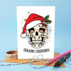 saisons rampantes, crâne de Noël, carte personnalisée, Noël effrayant, carte de Noël crâne, Noël goth, carte gothique
