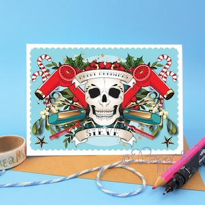 Cabeleireiro de Natal personalizado, cartão de barbeiro, cabeleireiro de Natal, cartão de férias para estilista, design de caveira, design de tatuagem divertido