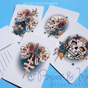 Totenkopf Postkarten, Totenkopf Kunstdruck, Zuckerschädel Kunstdruck, Postkarten Set, Set Drucke, Candy Skulls, Totenkopf und Rosen, Tattoo Kunstdruck