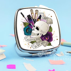 compact mirror, funny gift, personalised gift, dark makeup, dark as my soul, goth friend, skull and rose, makeup brushes, cosmetics fan