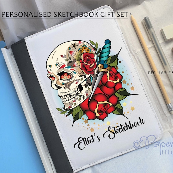 personalised artist gift idea, artist sketchbook, skull print notebook, name notebook, art student gift, artist tool kit, artist starter kit