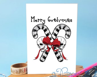 Merry gothmas, goth card, alt christmas, card for goth, loves skulls, card with skulls, dark christmas, candy cane, black christmas