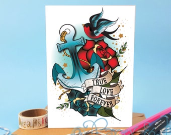 True Love Tattoo Flash Art Card, Boyfriend Anniversary Card