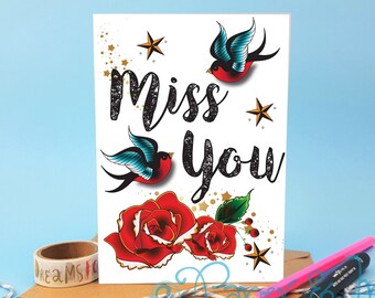 Tattoo Swallow 'Miss You' Card, Absent Friends, Thinking of You