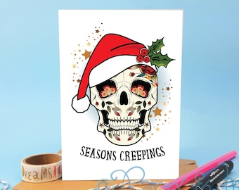 seasons creepings, christmas skull, personalised card, creepy christmas, skull christmas card, goth christmas, gothic card