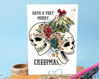 merry creepmas, skull christmas, gothic christmas, skull card, creepy christmas, goth christmas, unusual card, couple christmas