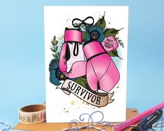 survivor card, card for cancer, get well card, get well soon, cancer survivor, boxing card, boxing gloves, strong women, strong girls