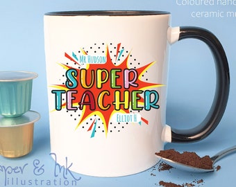 personalised super teacher mug, superhero teacher, gift for teacher, unisex teacher gift, male teacher gift, teacher gift with names