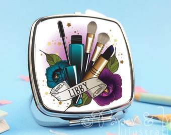 cadeau personnalisé, miroir compact, amateur de maquillage, miroir avec nom, cadeau avec nom, miroir personnalisé, amateur de cosmétiques, maquilleur