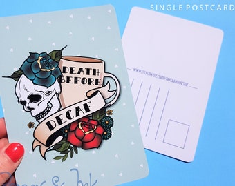 Death Before Decaf Skull Art Postcard, Funny Coffee Lover Gift
