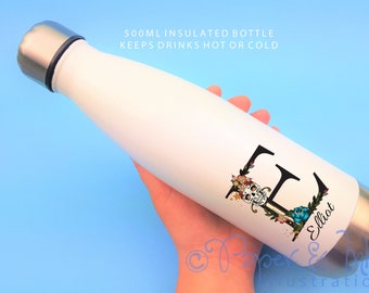 personalised water bottle with gothic lettering great gift for alternative friend to take to school or work