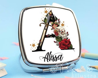 personalised gift - compact mirror - letter gift - initial gift - pretty mirror - pocket mirror - gothic gift - skull and rose