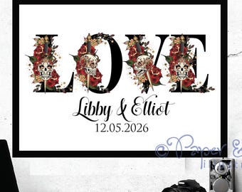 Skull and Rose LOVE Print, Tattoo Art, Gothic Home Decor