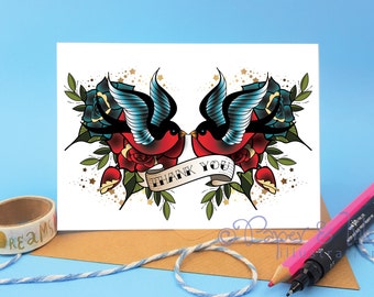 PERSONALISED thank you card for special helpful friend to say i appreciate you tattoo swallow design