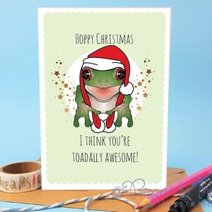 Frog hoppy christmas card for friend, toadally awesome punny toad card, holiday card with frog, funny x-mas card personalised