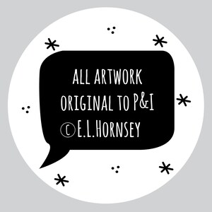 Może przedstawiać: Czarno-biała ilustracja dymku z tekstem "ALL ARTWORK ORIGINAL TO P&I &copy; E.L. HORNSEY" w środku. Dymka otoczona jest małymi czarnymi gwiazdkami i kropkami.