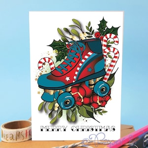 Tarjeta de Navidad personalizada del equipo de roller derby para el mejor amigo que patina vacaciones 2023 roller disco