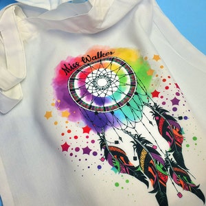 May include: White canvas tote bag with a colorful dreamcatcher design and the text "Miss Walker". The dreamcatcher has a rainbow-colored background and is surrounded by stars and dots.