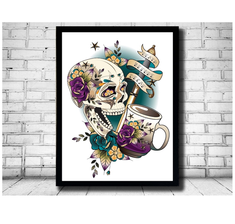 May include: A colorful illustration of a skull with flowers and a coffee cup. The skull has a sugar skull design and is surrounded by flowers in shades of purple, blue, and yellow. The coffee cup is white with a black rim and a black handle. The text "Death Before Decaf" is written on a banner above the skull.
