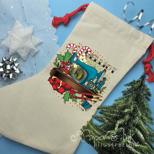 sewing themed christmas stocking, crafty friend seamstress gift, quilting or quilter present