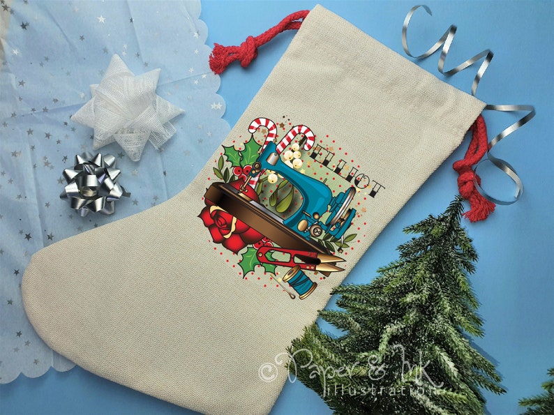 sewing themed christmas stocking, crafty friend seamstress gift, quilting or quilter present image 1
